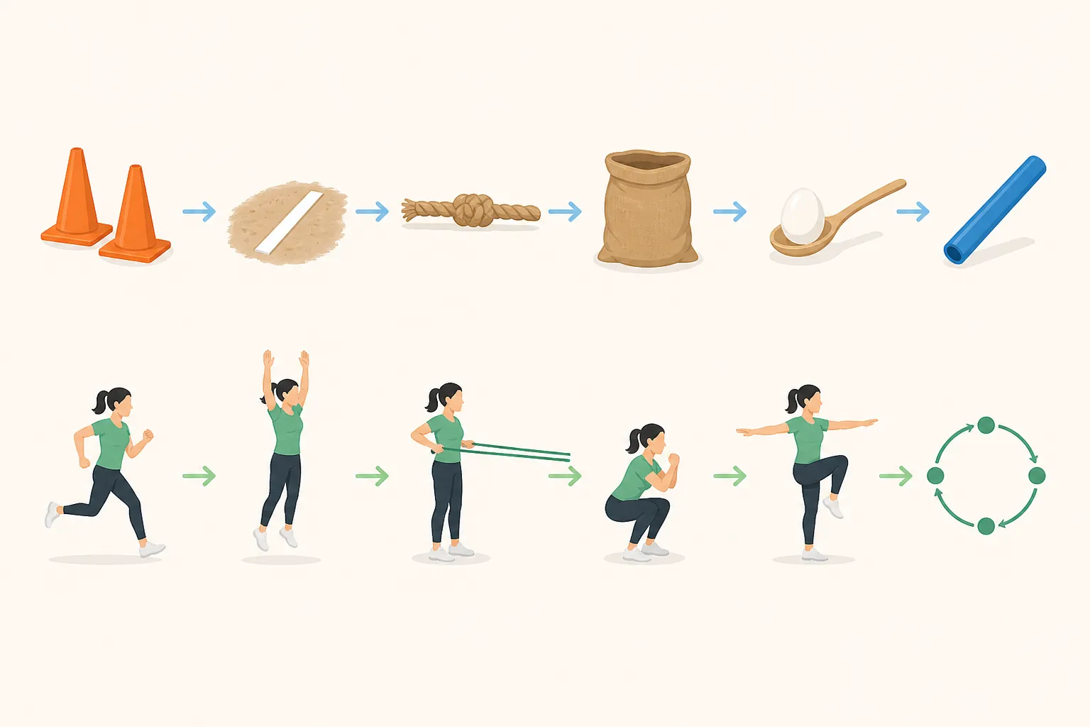 Flat icon diagram matching classic field-day objects to home workout movements