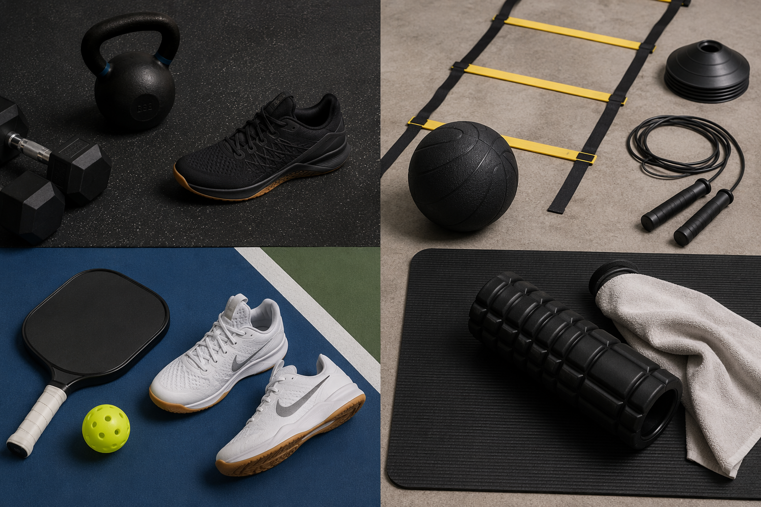 Flat lay of pickleball training gear arranged for strength, agility, court practice, and recovery sessions