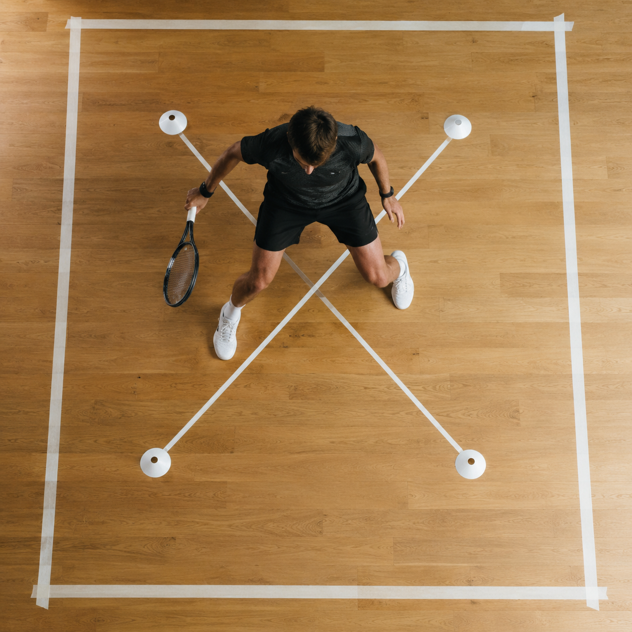 Top-down view of a tennis player performing a split-step agility drill inside a small X-pattern on a wooden floor