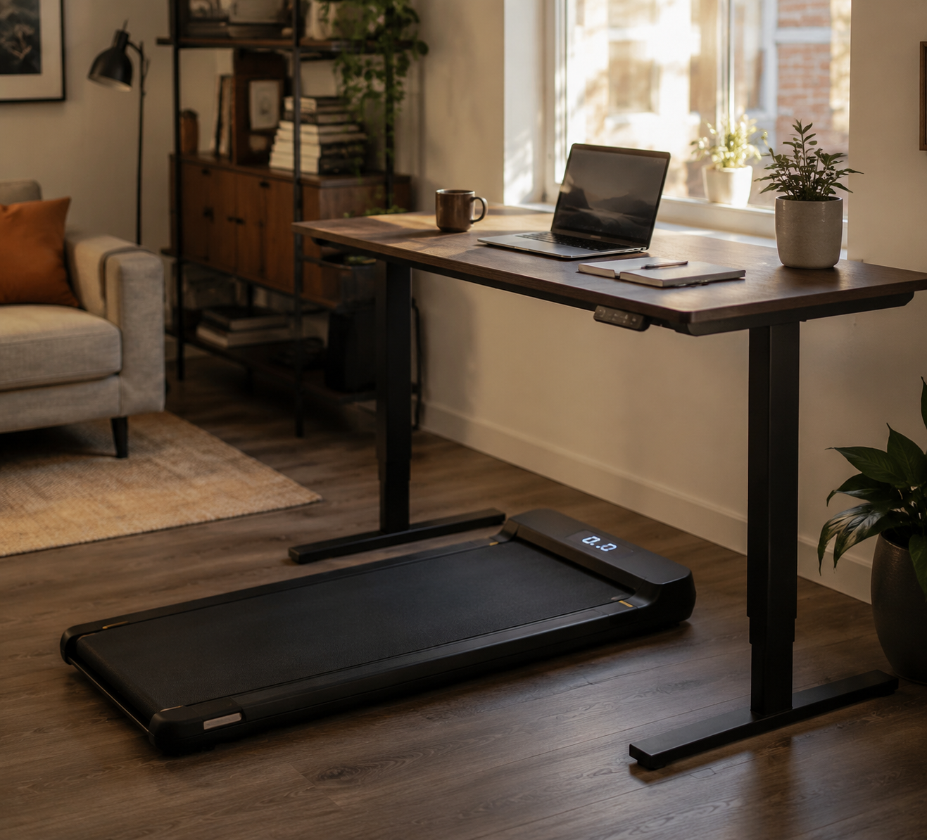 Walking pad treadmill under a height-adjustable desk in a bright home office