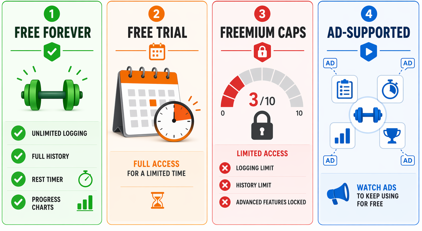 Infographic comparing free forever, free trial, freemium cap, and ad-supported workout app models