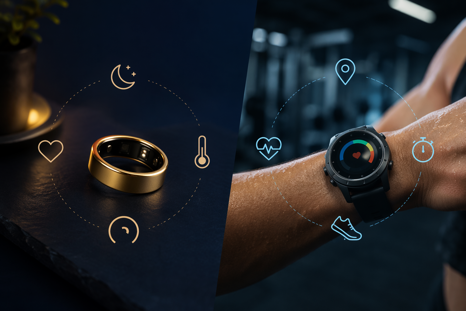 Split editorial scene showing an Oura Ring with recovery icons on one side and a smartwatch with workout icons on the other