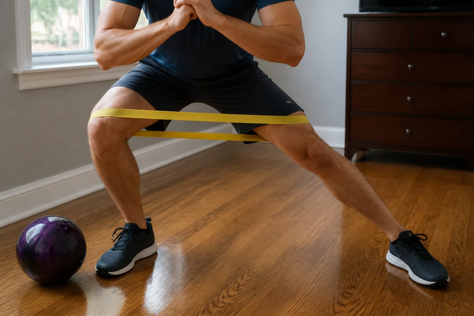 Person performing a lateral lunge with a resistance band above the knees near a bowling ball