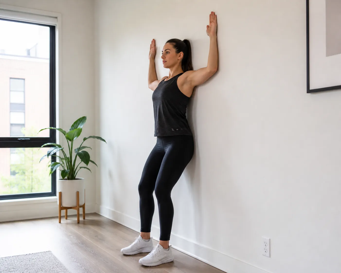 Person performing wall slides against a plain wall at home