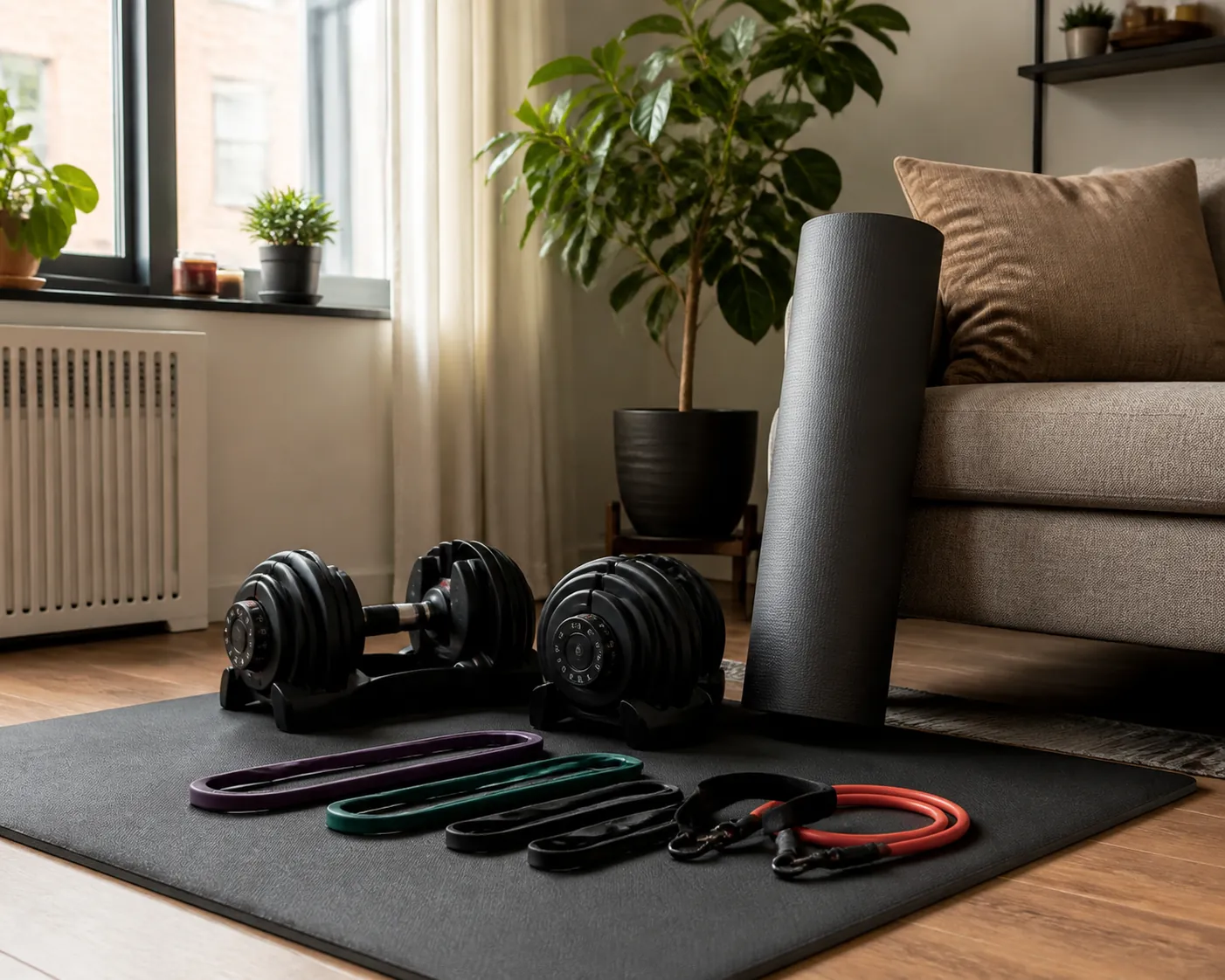 Compact apartment strength setup with adjustable dumbbells, resistance bands, padded mat, and yoga mat