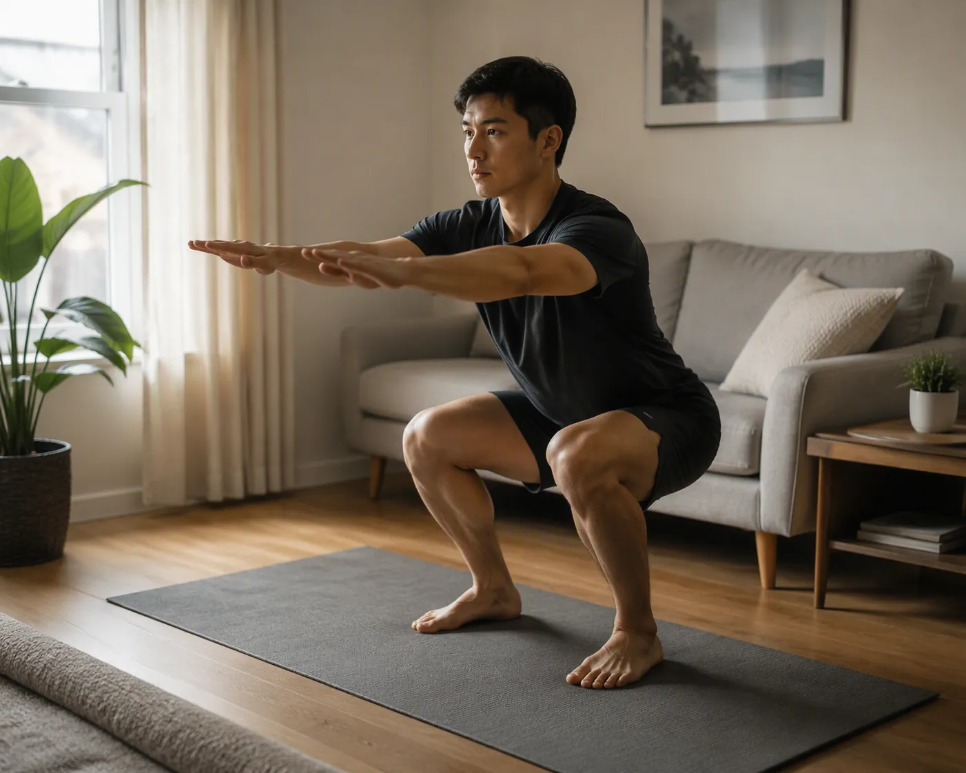 A person performing a slow controlled bodyweight squat on a mat in a compact living room