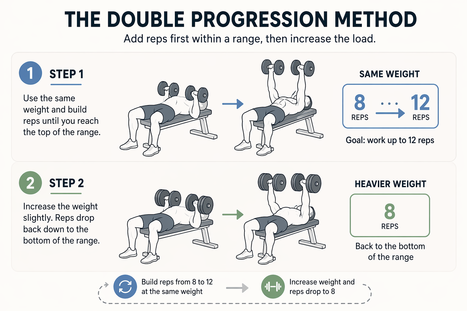 Line-art illustration showing reps increasing before dumbbell weight increases in double progression
