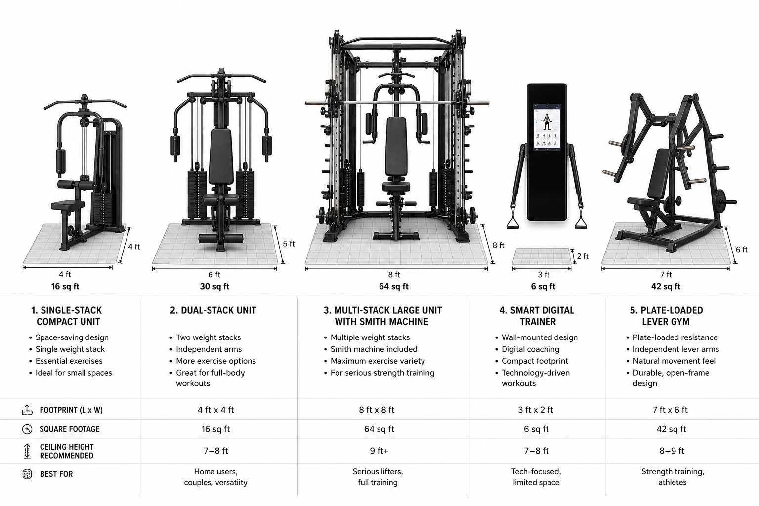 Five stylized home gym machine types arranged in a row on a measured floor grid: single-stack compact unit, dual-stack unit with two weight stacks, multi-stack machine with Smith attachment, slim wall-mounted smart trainer with screen, and plate-loaded lever gym with open frame and weight plate pegs