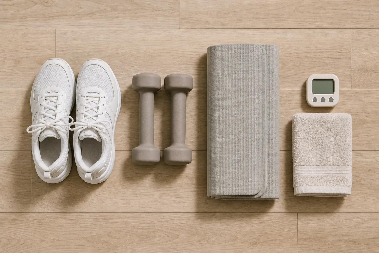 Flat lay of four workout clusters: walking sneakers, dumbbells, Pilates mat, and interval timer with towel