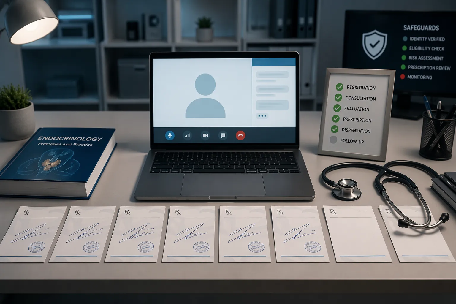Telehealth consultation desk with seven prescription pads, six marked as approved