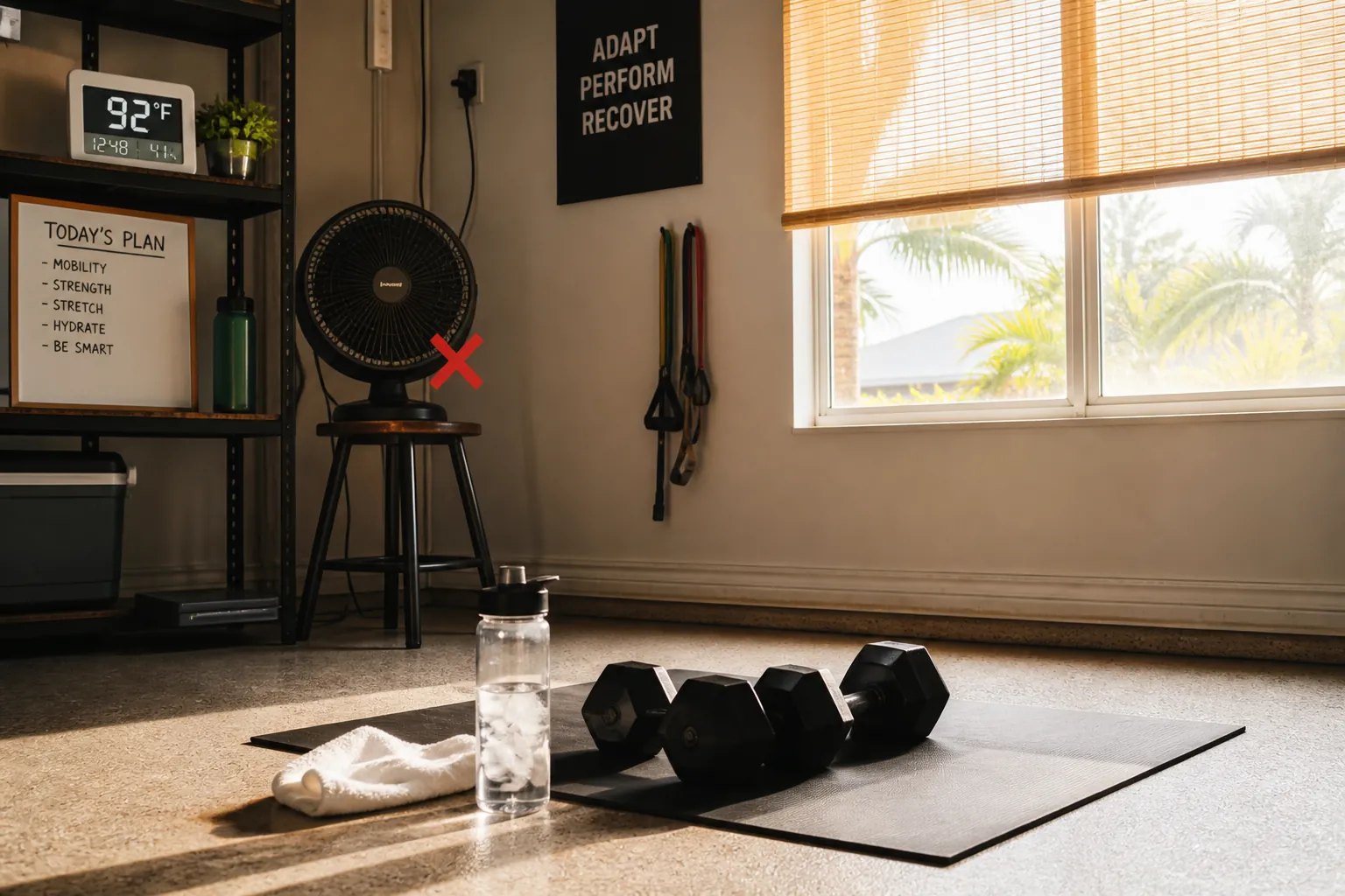 Warm Florida home workout space with a thermometer reading 92°F, floor fan, yoga mat, dumbbells, and ice water