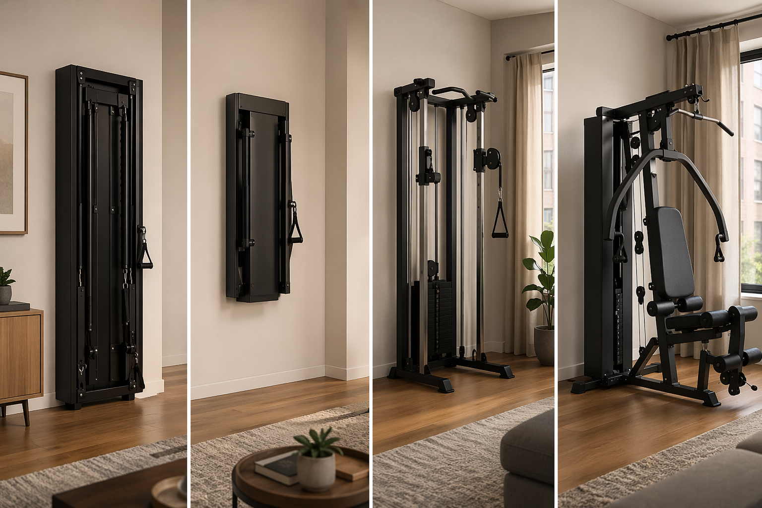 Four compact home gym storage styles shown in one apartment setting
