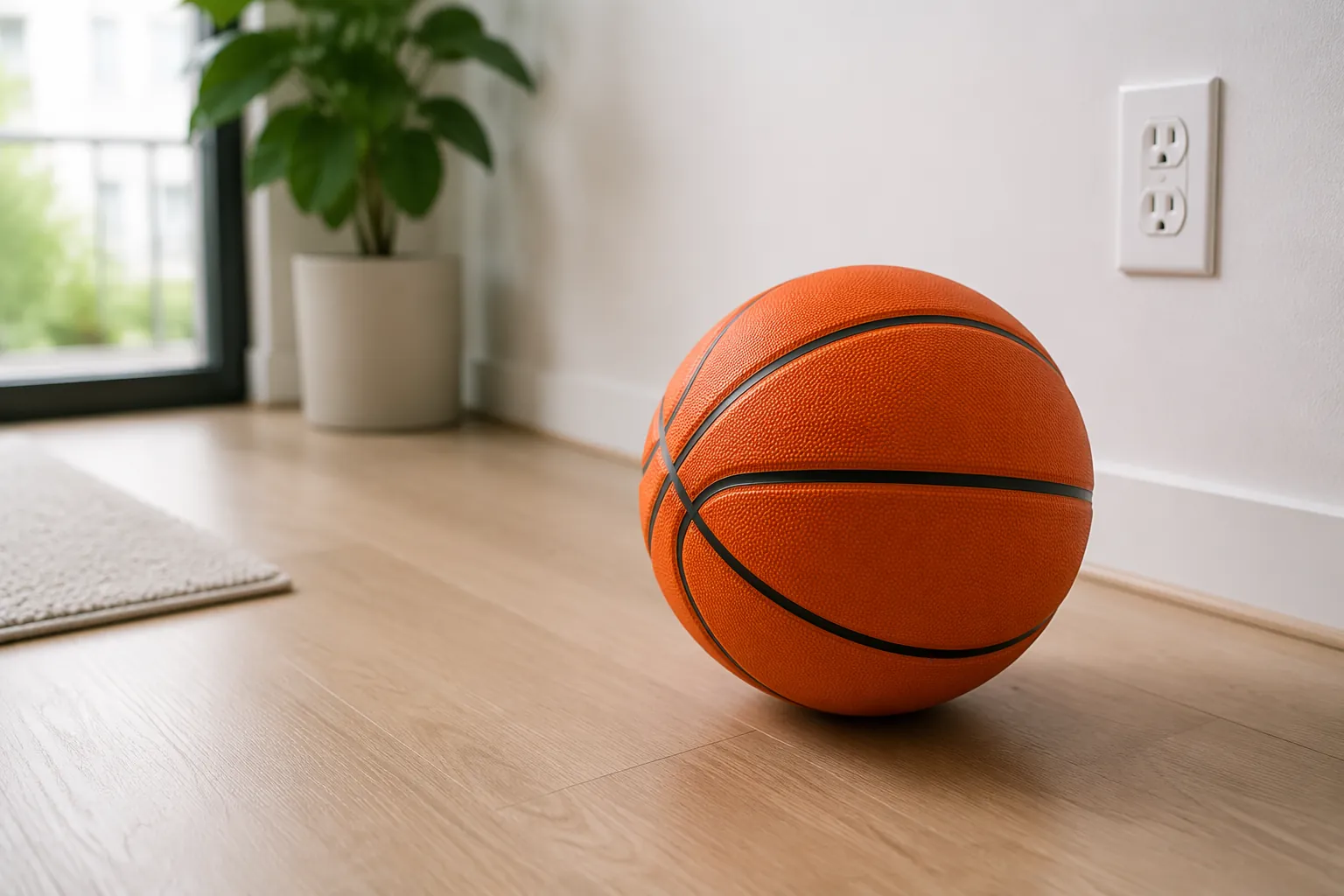 Foam silent basketball resting on a clean apartment floor near a wall