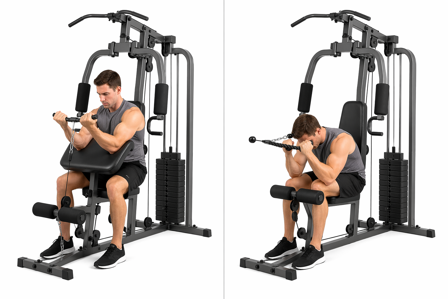 Split comparison visual showing two home gym machine configurations on a clean white background: the left side has a preacher curl pad attached for arm exercises, and the right side has a center pulley station with an ab crunch attachment, both sharing the same base frame, weight stack, press arms, and leg developer.