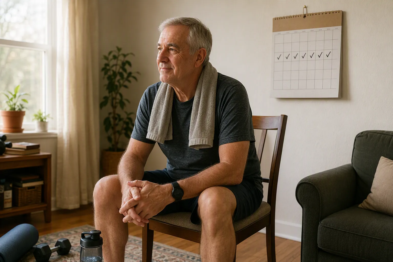 Older man sitting after a short home workout with a towel around his neck and a wall calendar showing recent check marks