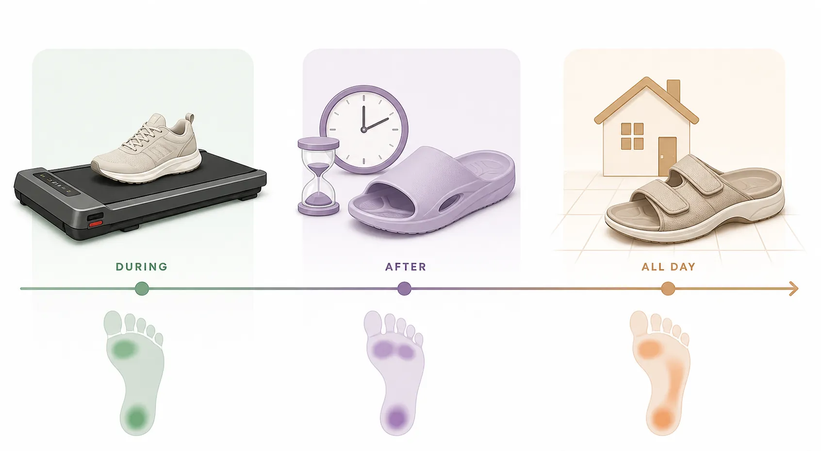 Illustrated home walking timeline showing a sneaker during the workout, a recovery slide after, and a supportive sandal for all-day hard-floor walking