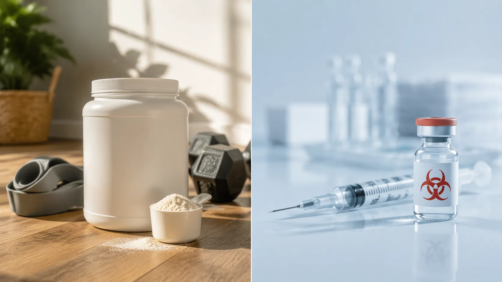 Collagen powder, dumbbell, and resistance band contrasted with a syringe and vial