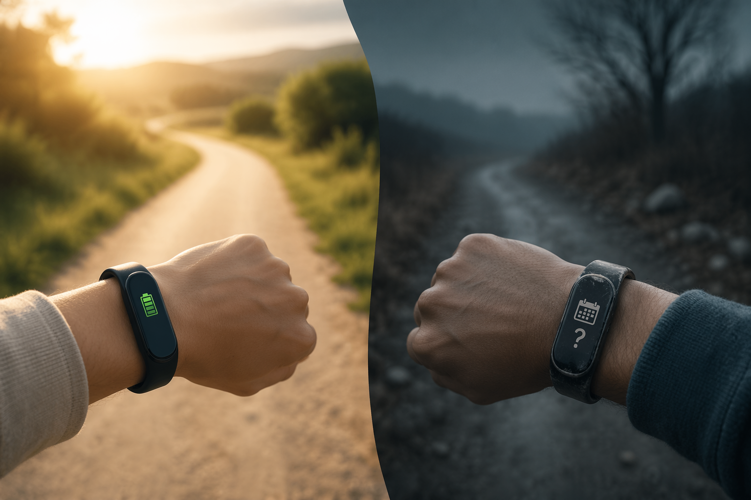 Split scene comparing fitness tracker comfort and battery life with aging device concerns