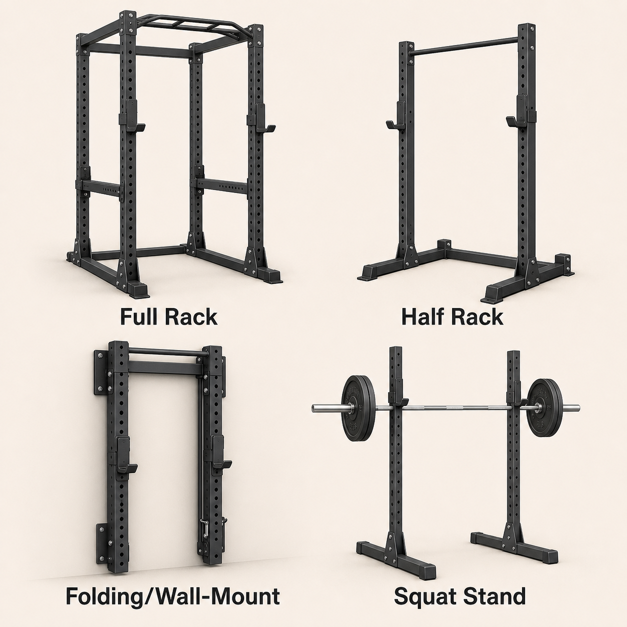 Four-panel comparison illustration showing a full power cage, half rack, folding wall-mounted rack stored flat, and standalone squat stand.