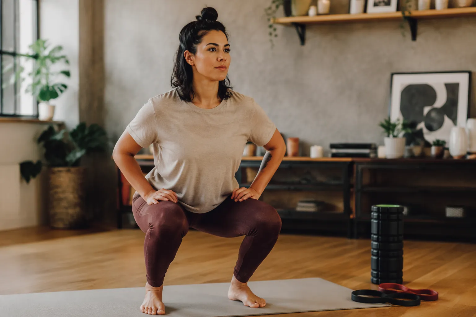 Person doing a bodyweight squat in a bright living room with resistance bands nearby