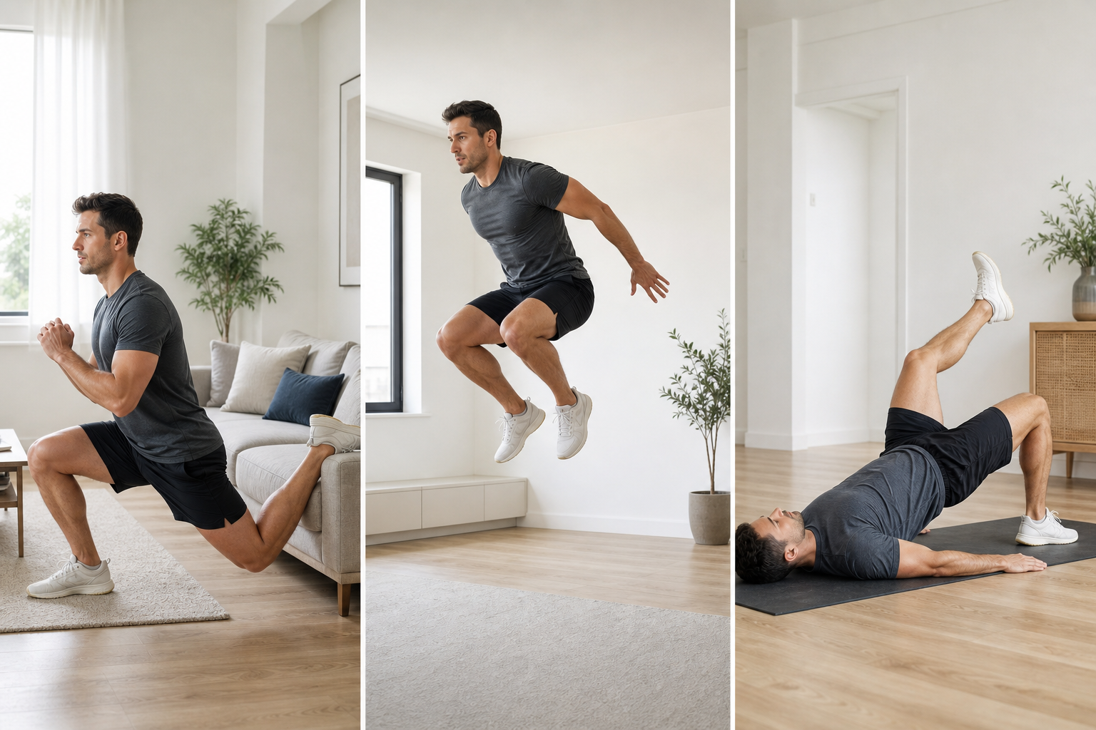 Triptych showing three home leg training goals: Bulgarian split squat for strength, jump squat for conditioning, and single-leg glute bridge for mobility