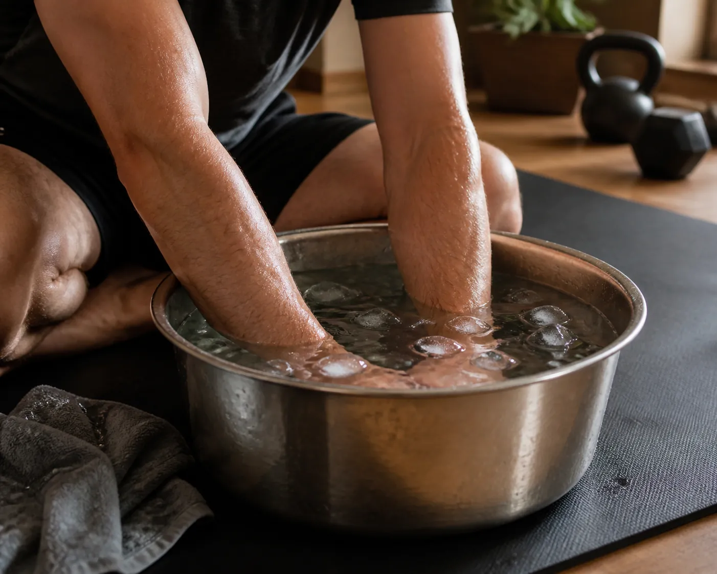 Forearms submerged in a cold-water basin beside a workout mat between sets