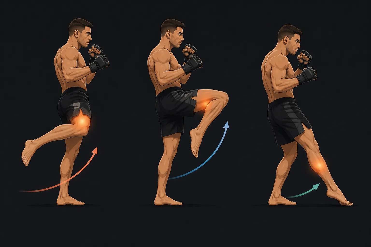 Technical illustration showing outside leg kick, inside leg kick, and calf kick contact zones with motion arrows