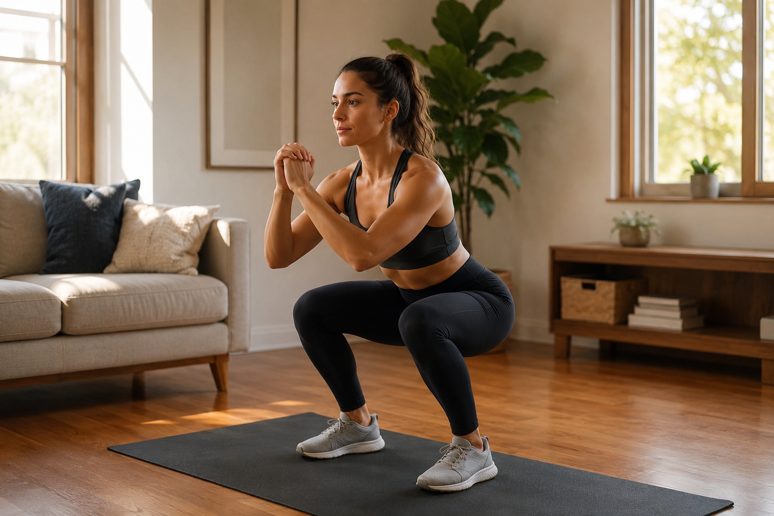 Beginner performing a bodyweight squat on a yoga mat in a bright living room