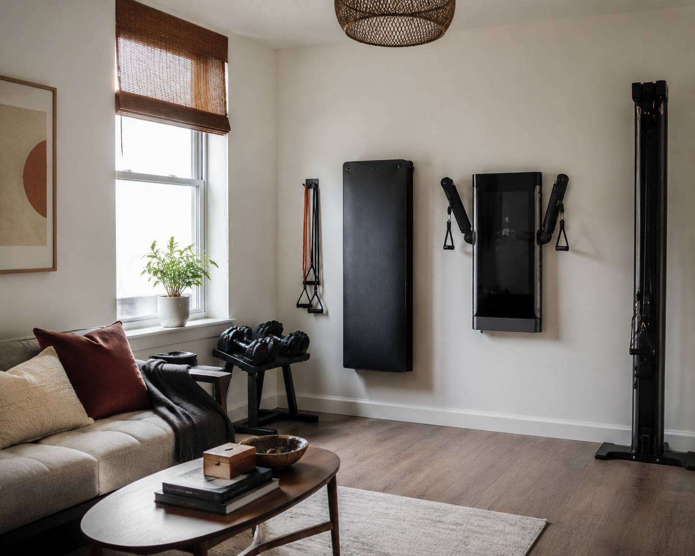 Compact gym equipment integrated into a bright living room