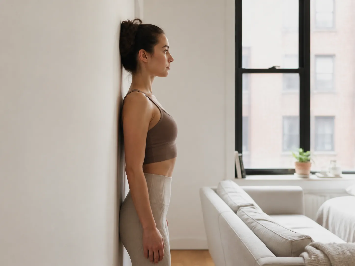 Side-profile posture self-check against a plain wall with head gently tucked and shoulders relaxed