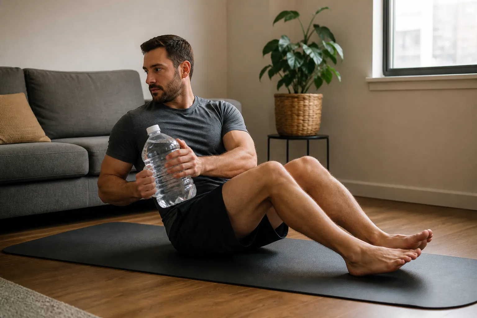 Person seated on a yoga mat in a small apartment, rotating with a water-filled gallon jug