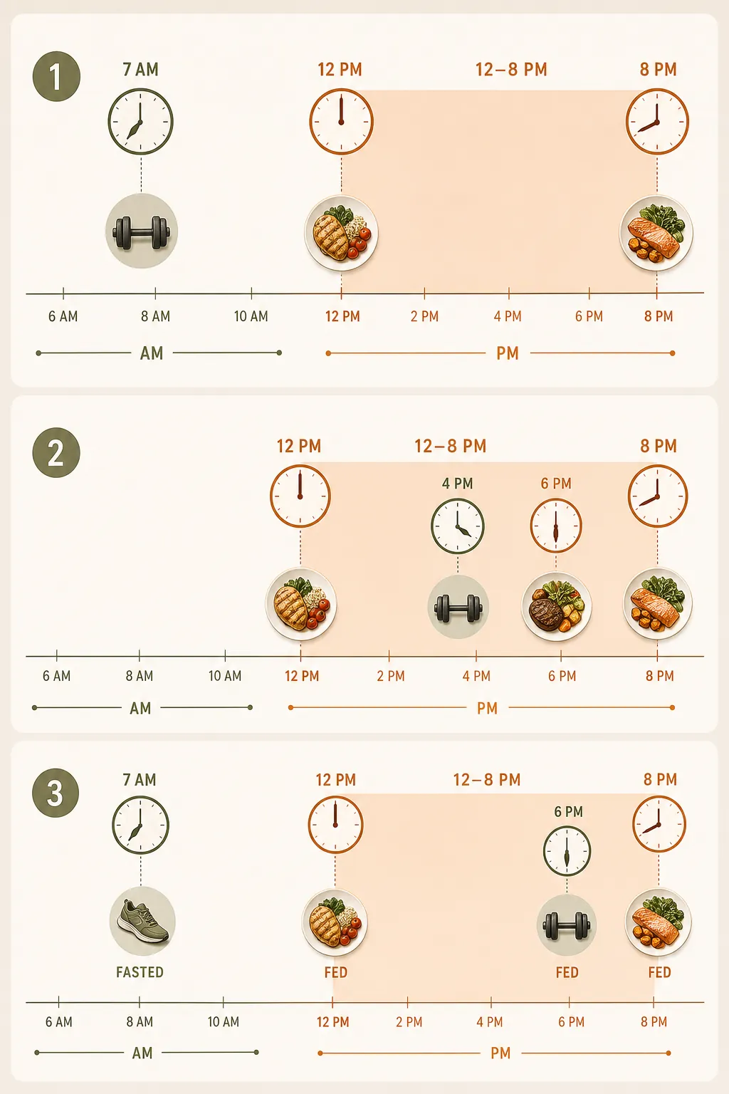 Three daily schedule timelines showing morning training, late-afternoon lifting, and fasted cardio with fed evening lifting inside a 12 to 8 eating window