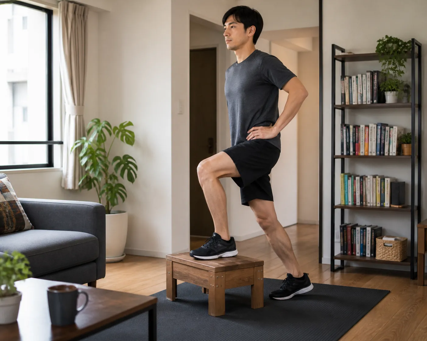 A person doing controlled step-ups onto a low wooden step stool in an apartment living room