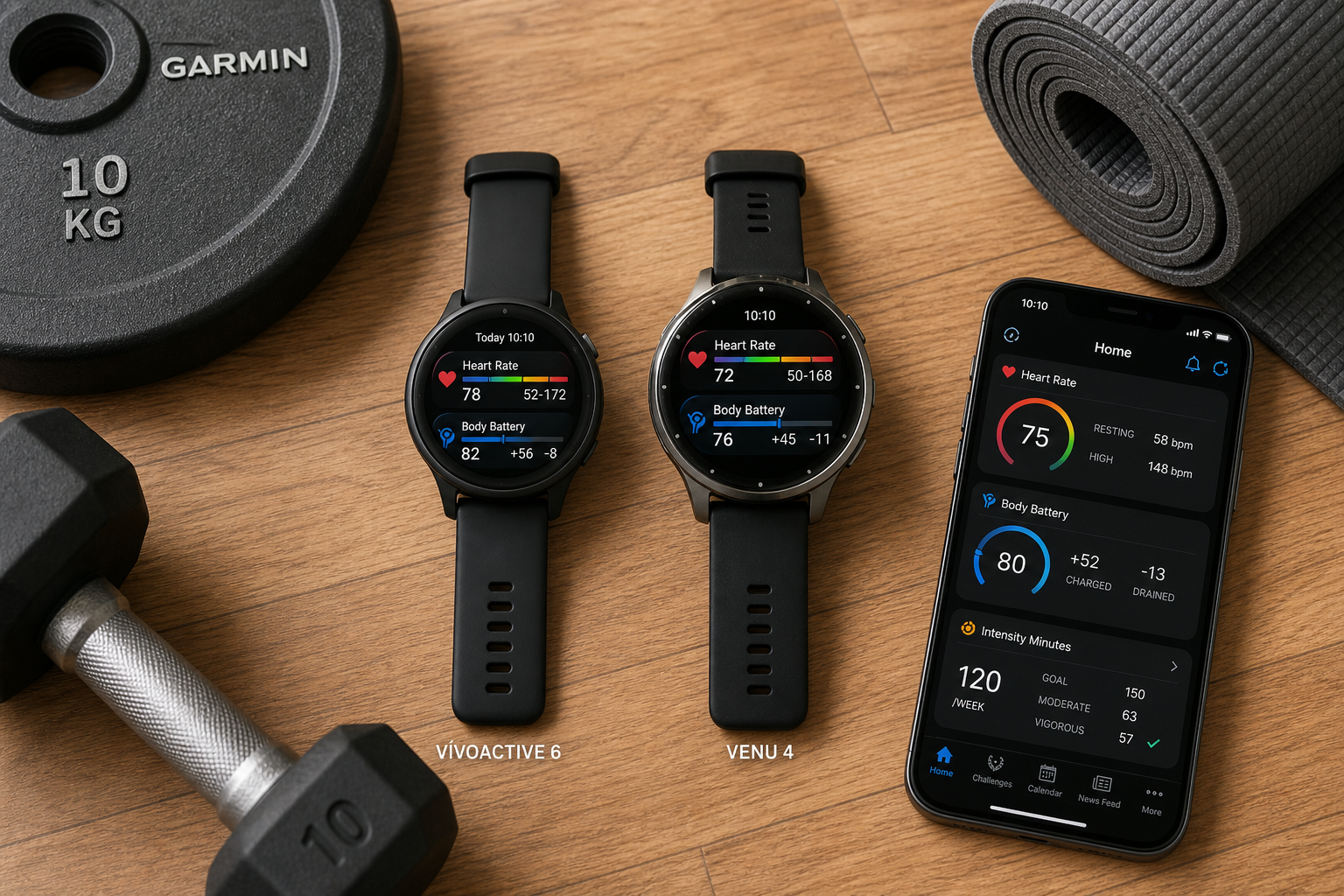Flat-lay composition on a wooden home gym floor showing a Garmin Vivoactive 6 (left) and a Garmin Venu 4 (right) with their AMOLED screens displaying workout data, placed next to a barbell plate, a dumbbell, a rolled yoga mat, and a smartphone showing a Garmin Connect-style dashboard.