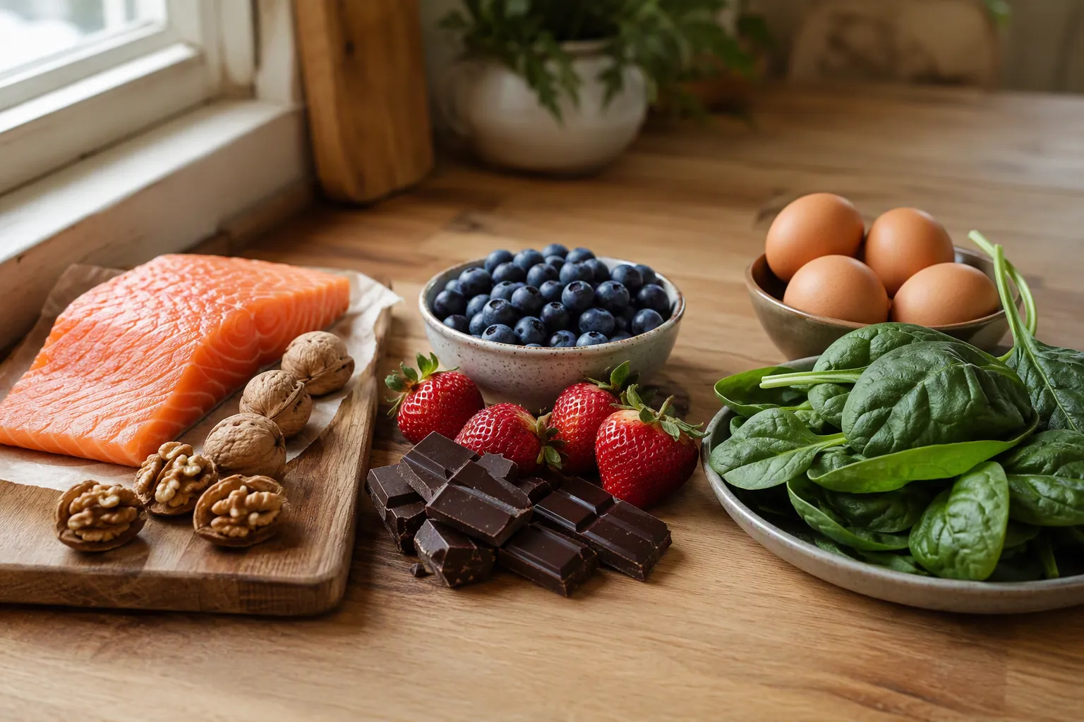 Brain-healthy foods grouped as salmon and walnuts, blueberries and dark chocolate, and eggs with spinach