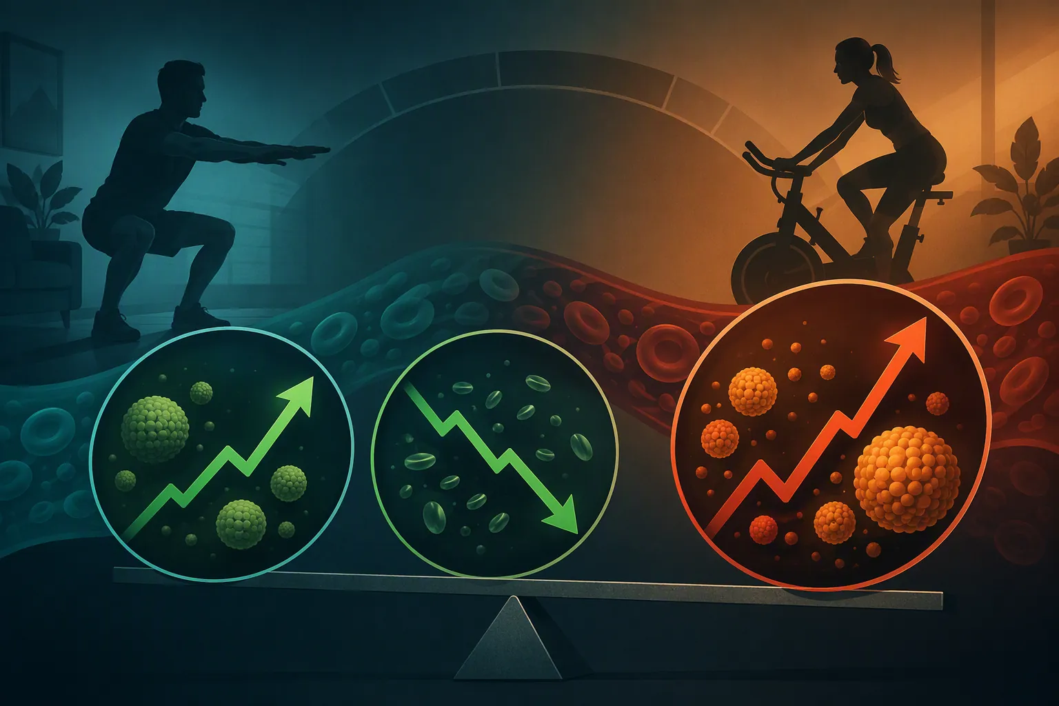 Lipid panel illustration showing HDL and triglyceride changes alongside a sharp LDL-C rise with home exercise silhouettes
