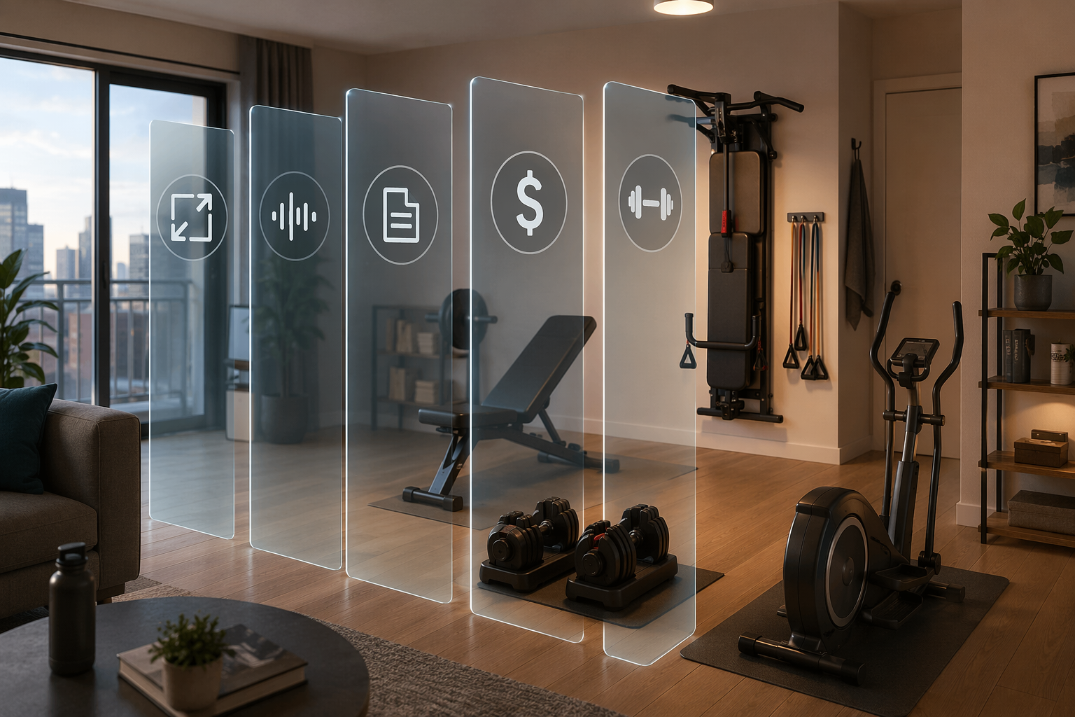 Apartment living room with compact gym equipment passing through space, noise, renter restriction, budget, and training goal filters