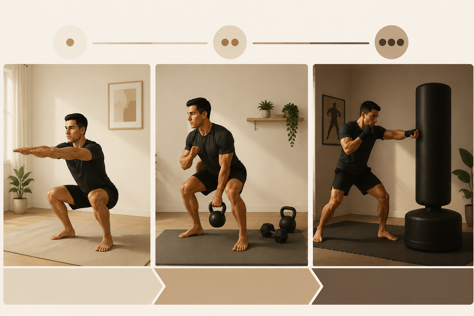 Three-panel home MMA equipment progression from bodyweight training to kettlebell work to a heavy bag setup