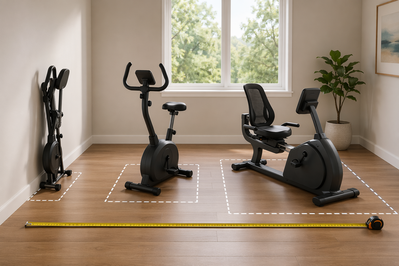 A room-scale comparison of a compact folding bike, standard upright bike, and larger recumbent bike with marked floor footprints