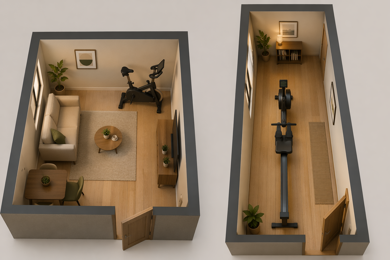 Side-by-side small apartment layouts showing an exercise bike in a short wide room and a rowing machine in a long narrow room