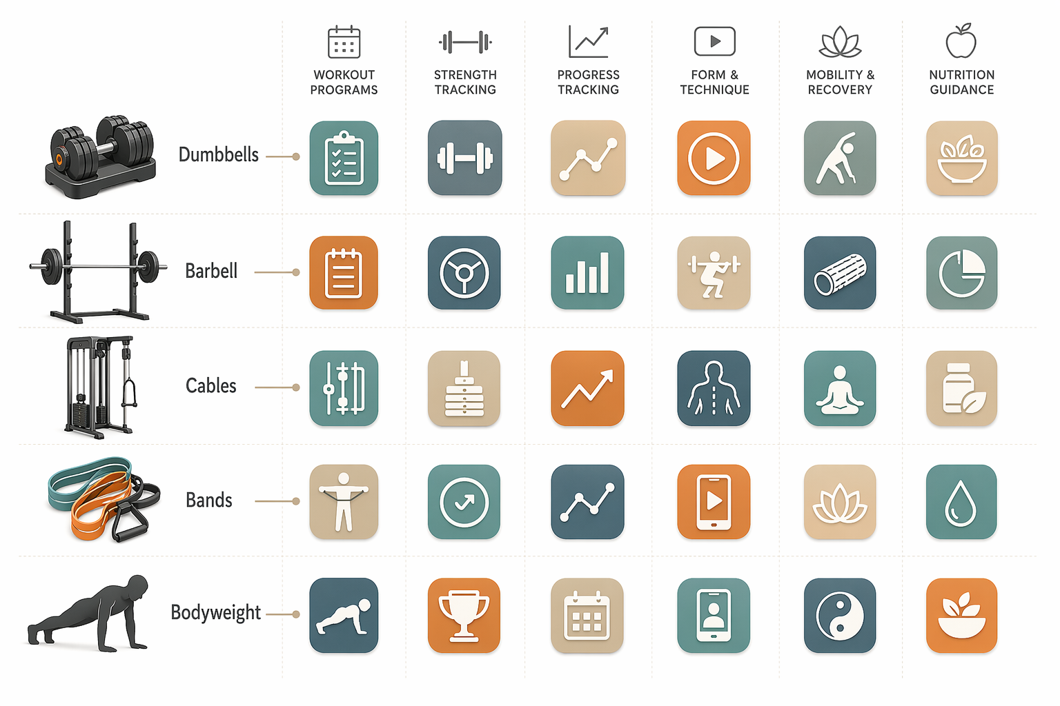 Decision matrix showing five equipment icons on the left (dumbbells, barbell, cable machine, bands, bodyweight) connected to app icon clusters on the right.