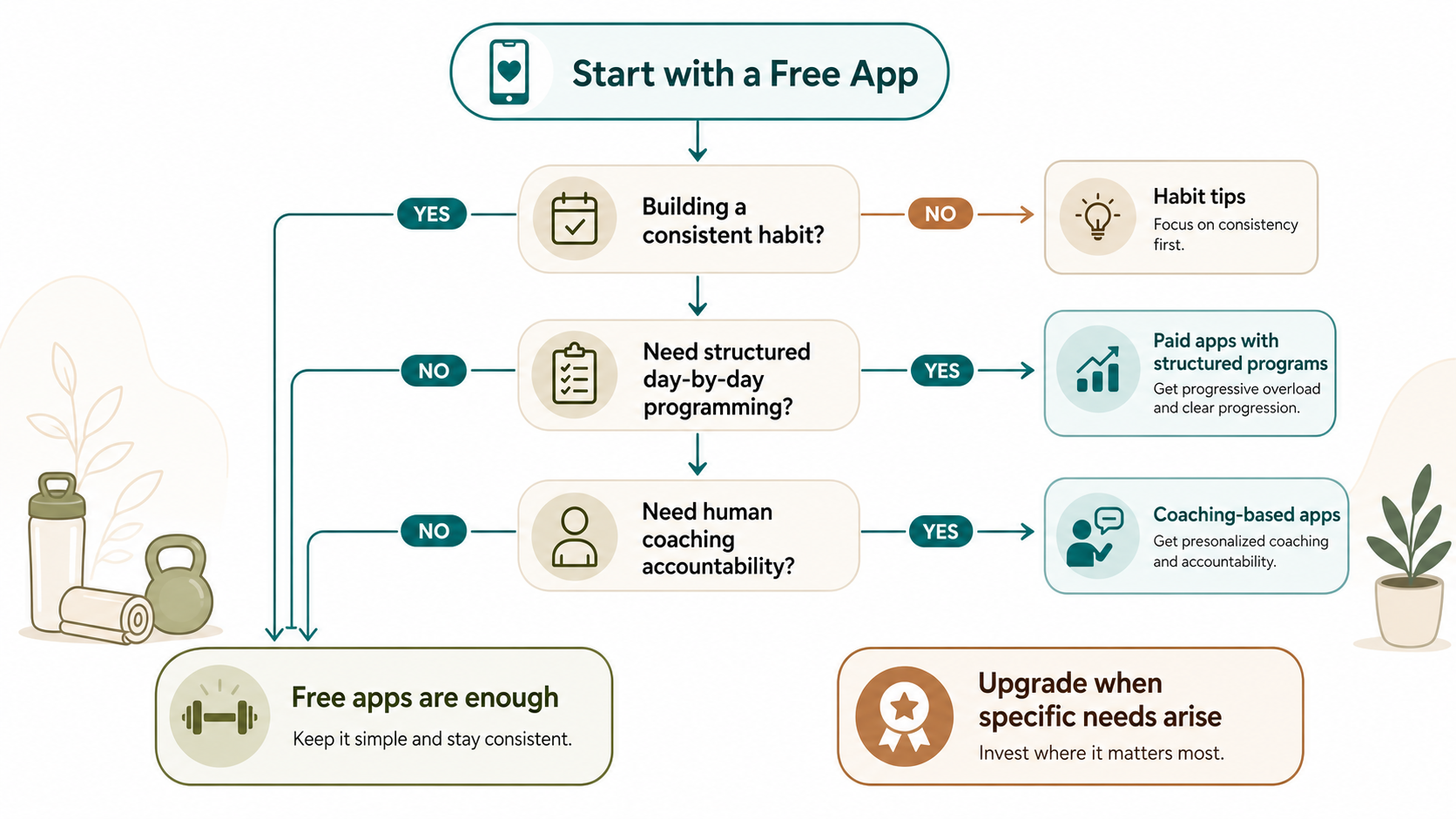 A clean editorial decision flowchart showing a top-to-bottom path from 'Start with a Free App' through decision nodes about habit consistency, structured programming needs, and coaching needs, ending with 'Free apps are enough' and 'Upgrade when specific needs arise' in muted earth tones with teal accents.