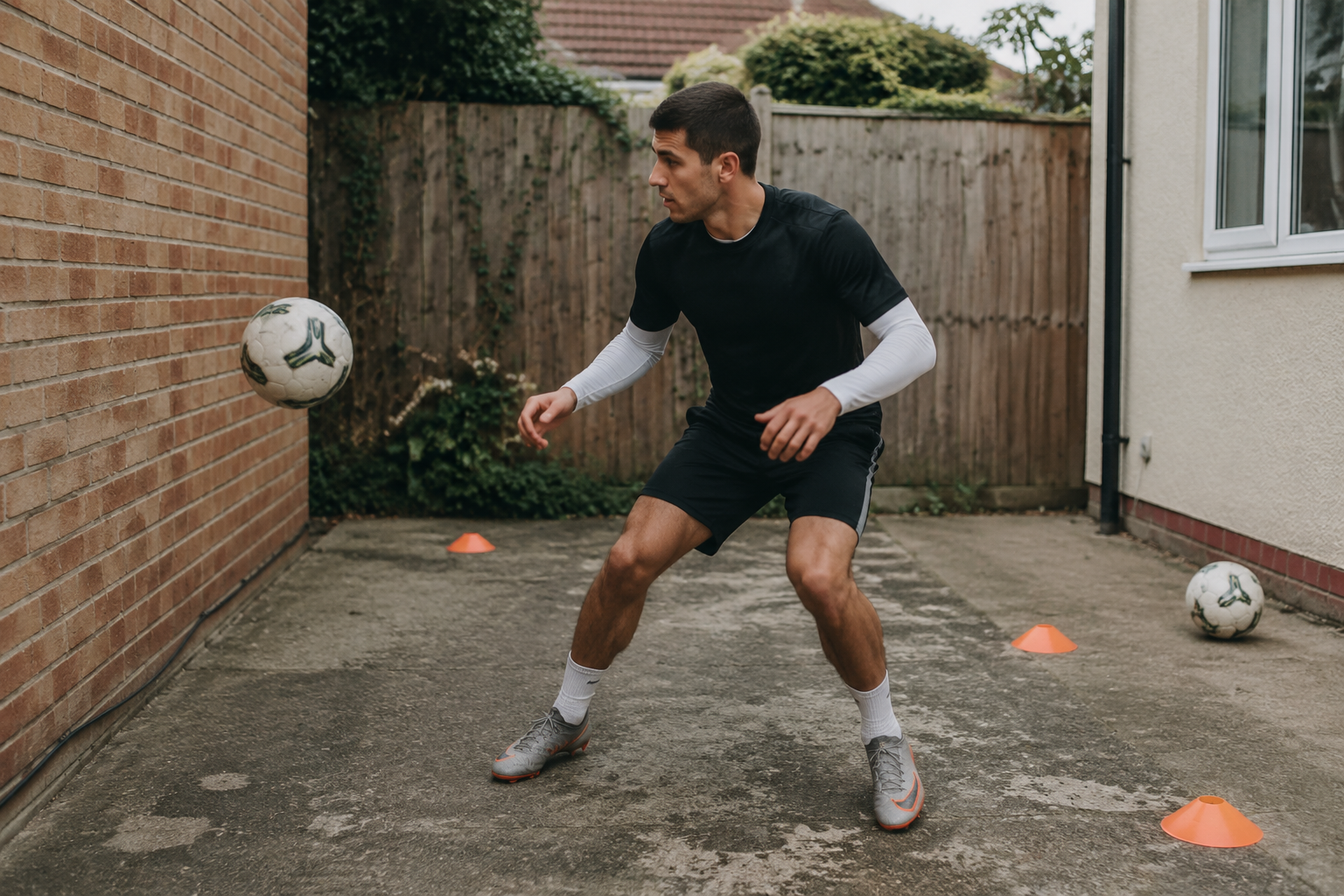 Soccer midfielder receiving a rebound pass off a wall in a small driveway with cones nearby