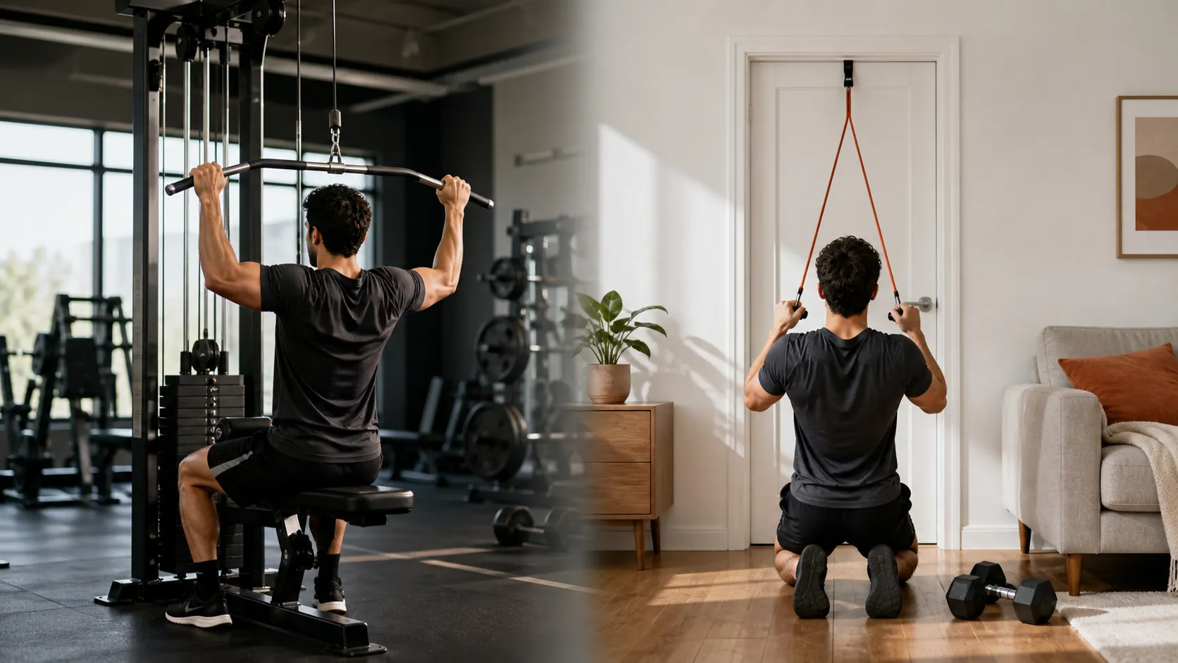 Commercial gym lat pulldown setup translated into a resistance-band pulldown in an apartment