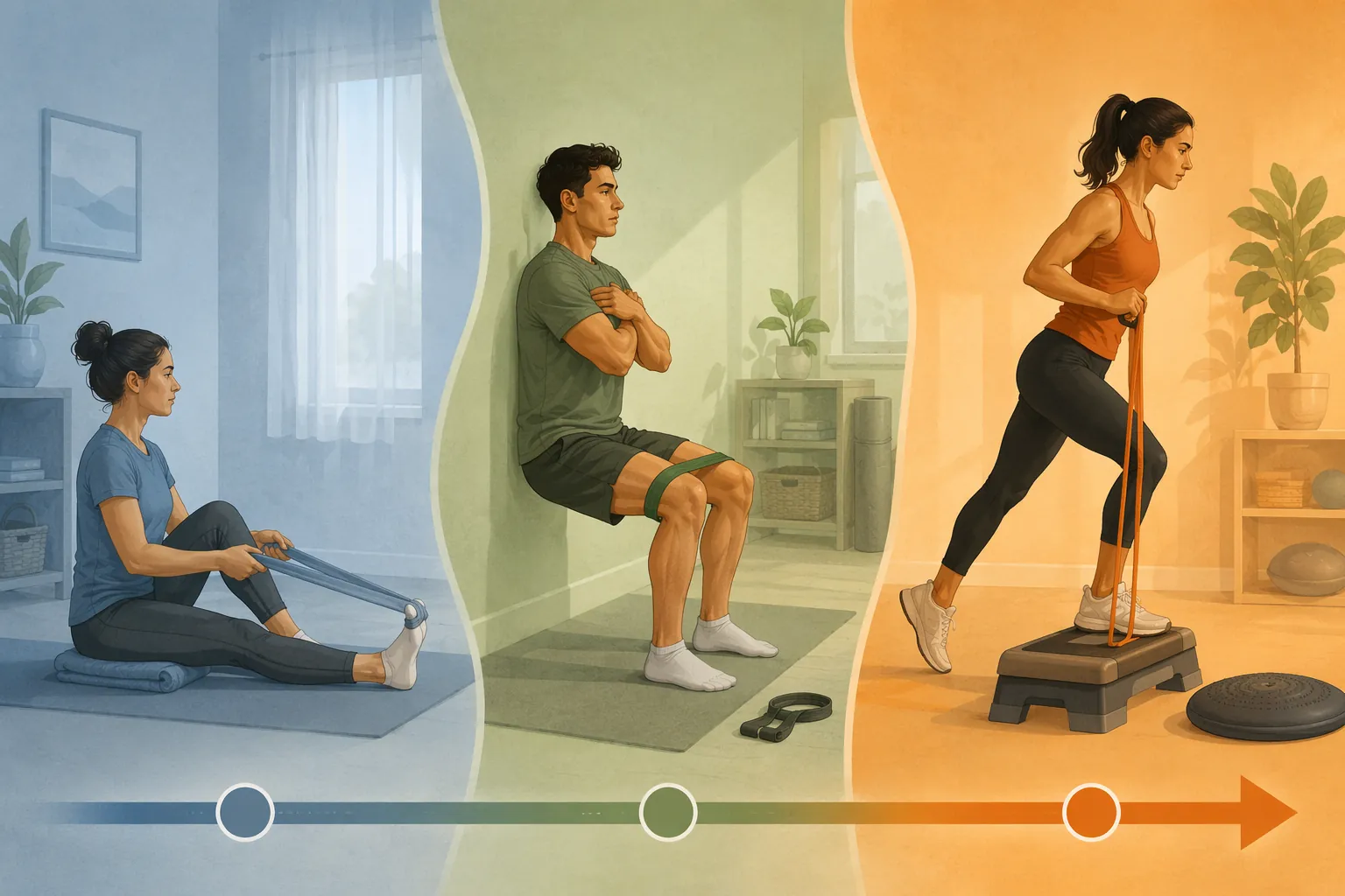 Three-panel home recovery progression from range of motion to isometrics to strengthening and proprioception