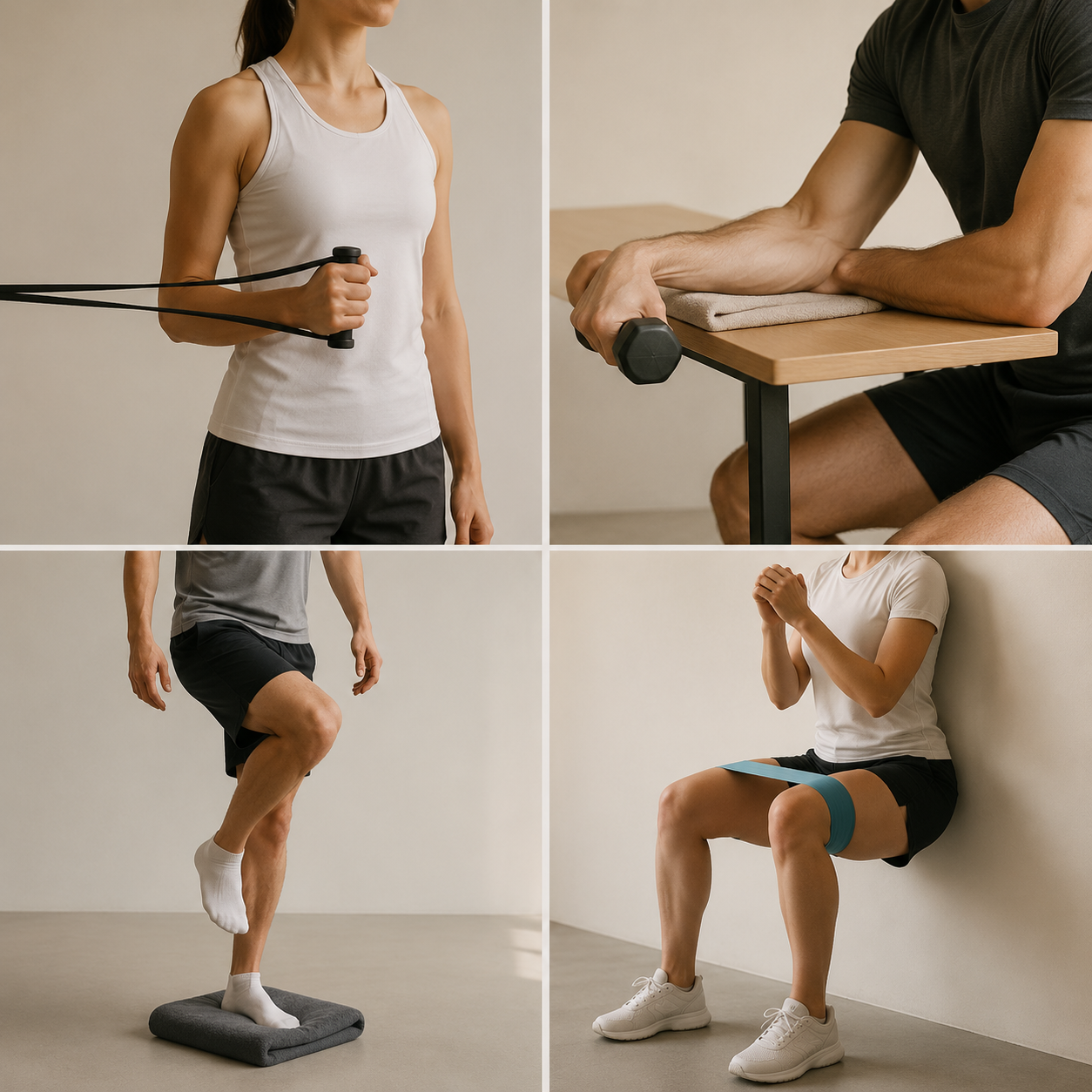 Four-panel grid showing banded shoulder external rotation, eccentric wrist extension, single-leg balance, and a banded wall sit