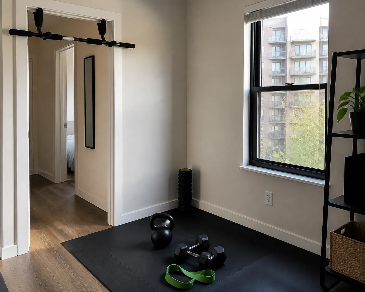 Compact apartment home gym with a doorway pull-up bar, kettlebell, light dumbbells, resistance band, foam roller, and rubber mat on vinyl flooring