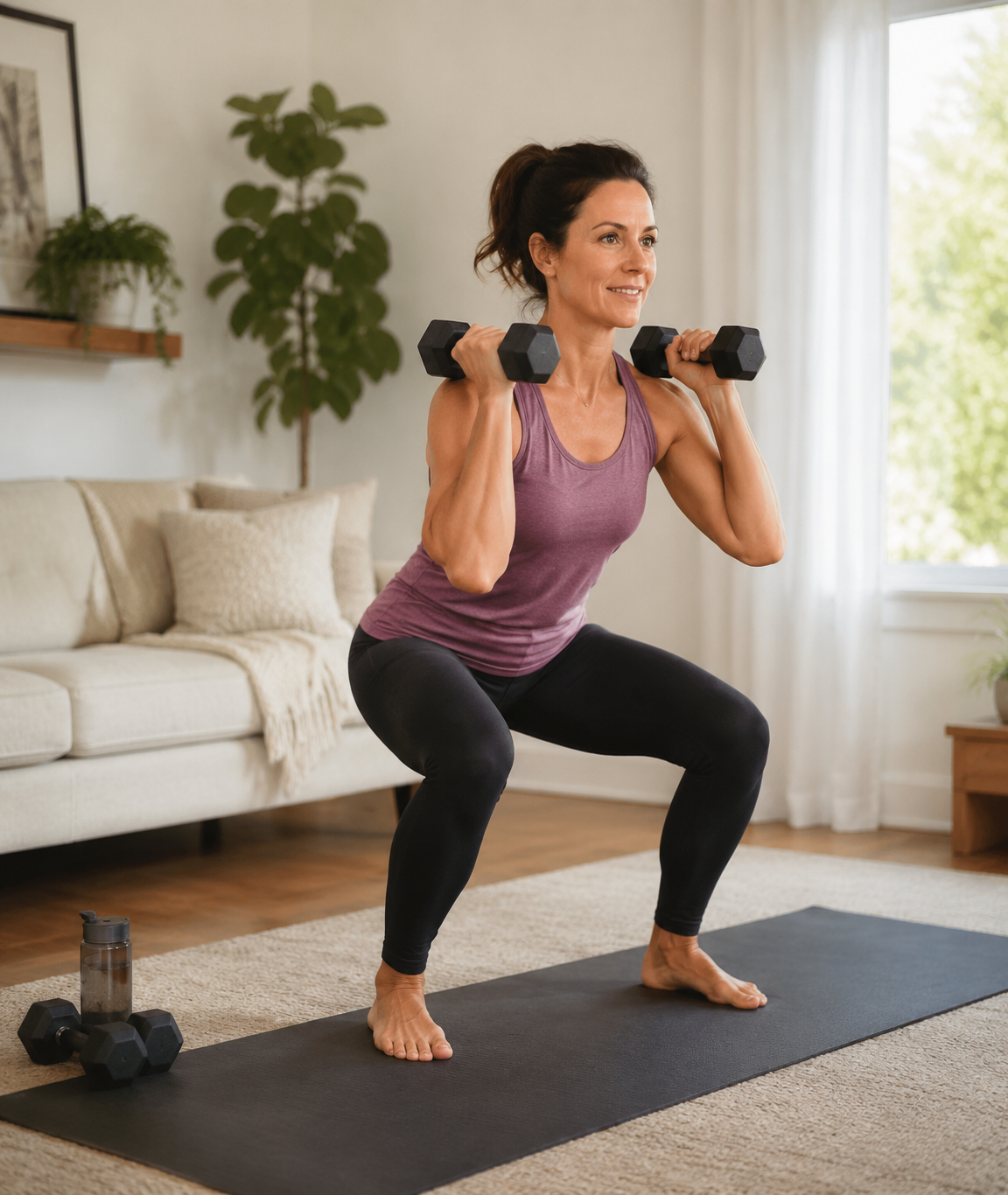 A woman performing a dumbbell squat on a yoga mat in a sunlit living room