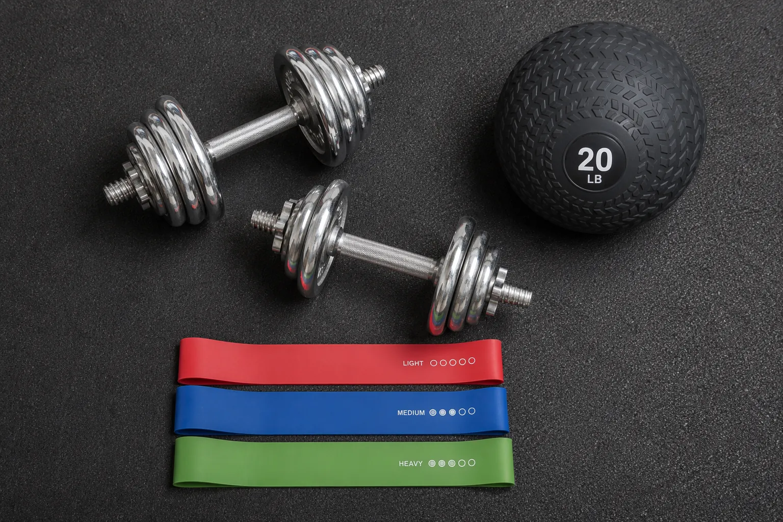 Flat lay of adjustable dumbbells, resistance bands, and a slam ball on a dark rubber mat