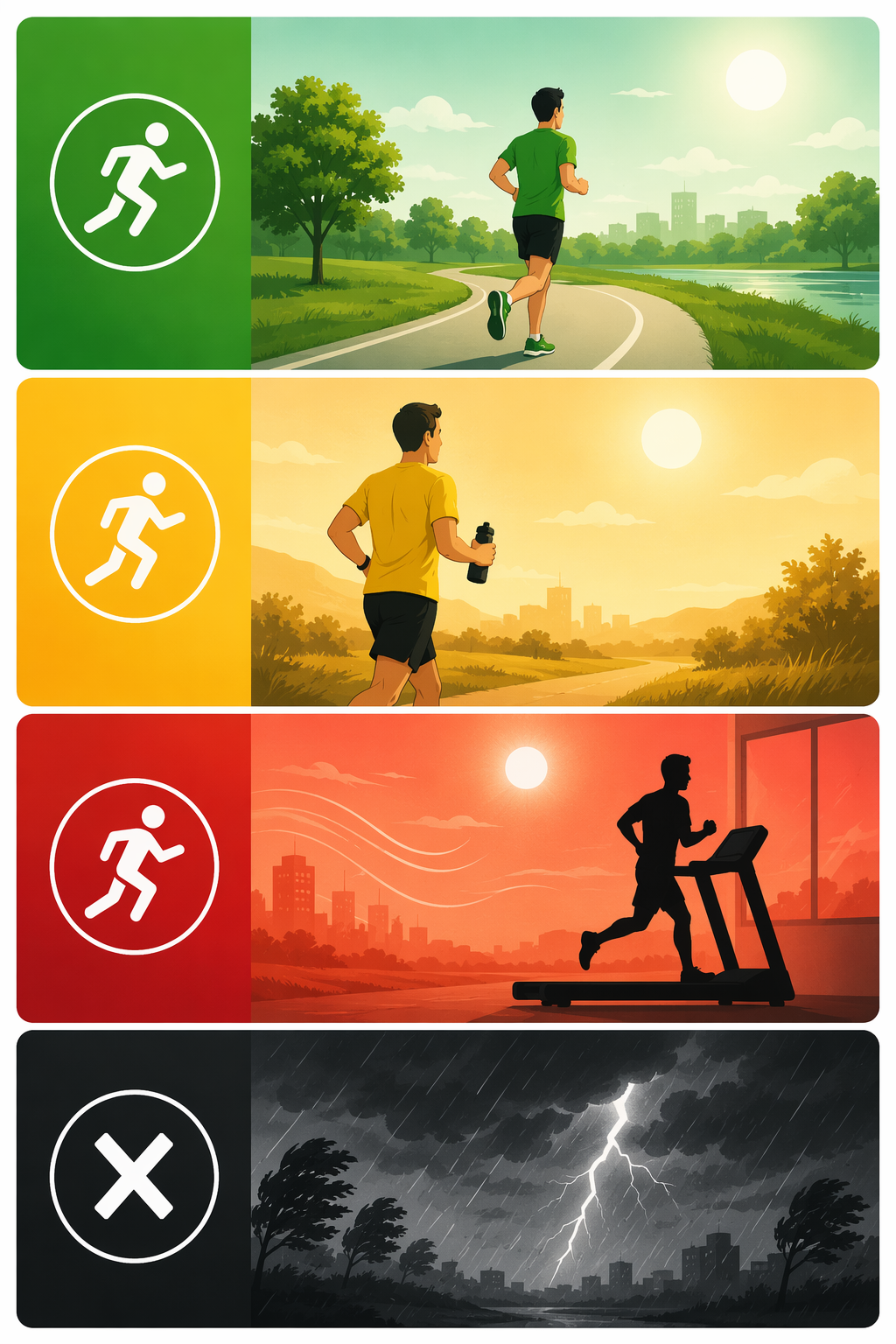 Color-coded Green, Yellow, Red, and Black running weather decision tiers